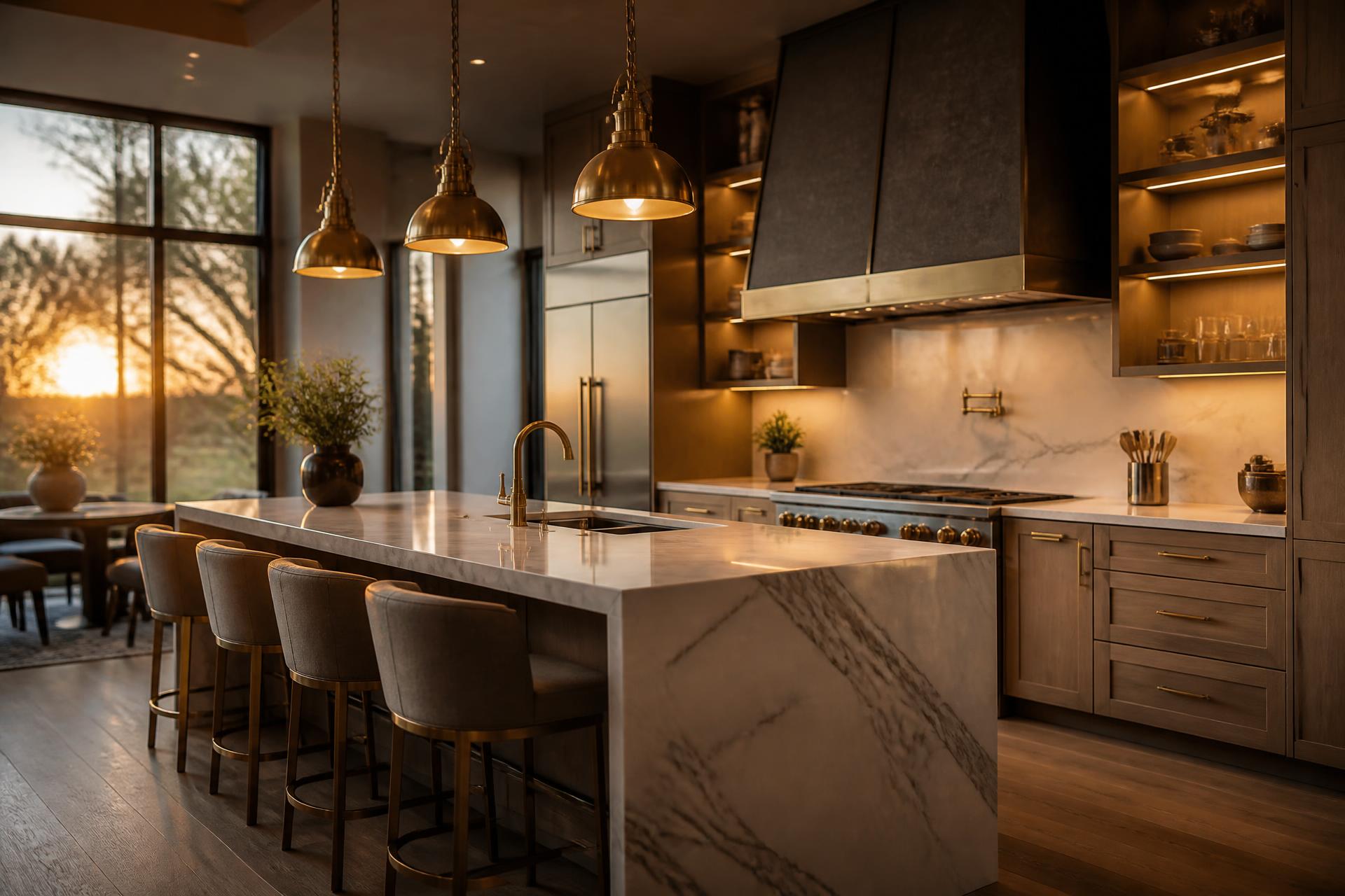 Luxury custom kitchen remodel with marble waterfall island and brass pendant lighting
